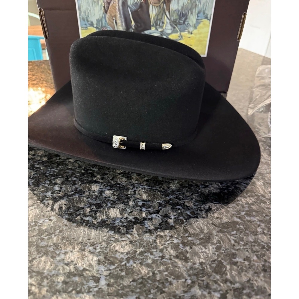 Stetson 6X Guadalupana Black Fur Felt Cowboy Hat 7 1/8 Silver Buckle Set Box